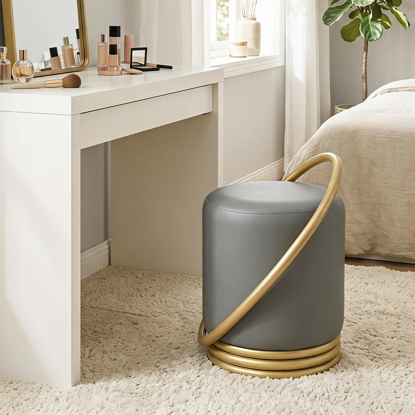 Giantex Modern Round Upholstered Vanity Stool with Gold Halo Metal Accent