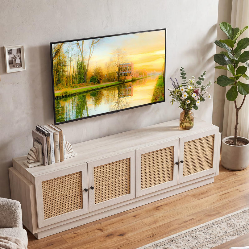 Giantex 4-Door PE Ratta TV Stand for TVs up to 75" with 2 Cabinets