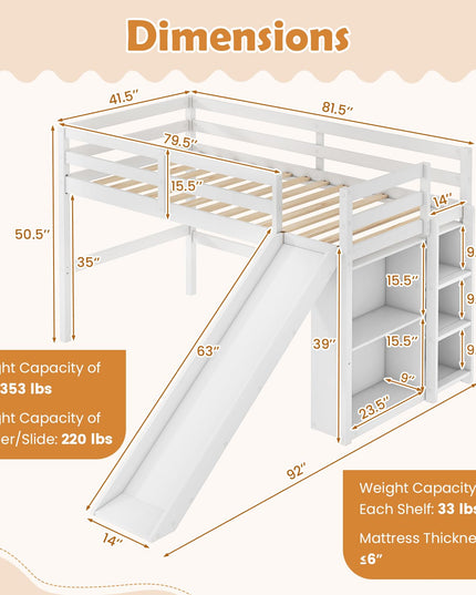 GIANTEX Twin Size Loft Bed with Slide Ladder Storage Shelves for Kids
