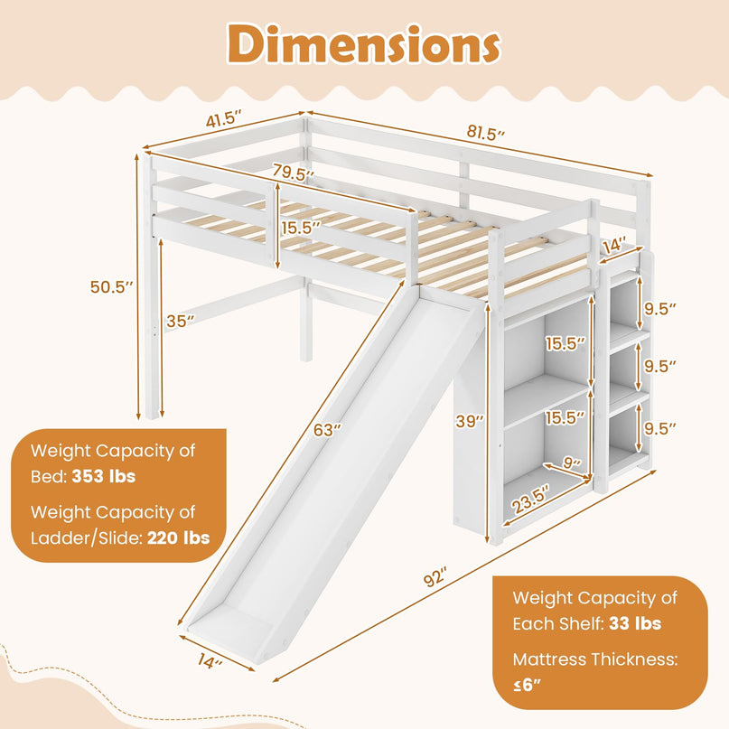 GIANTEX Twin Size Loft Bed with Slide Ladder Storage Shelves for Kids
