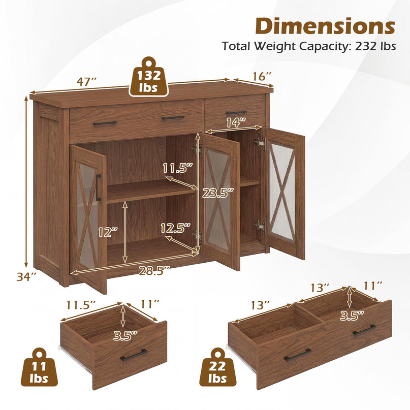 Giantex 47'' Farmhouse Buffet Cabinet w/Fluted Glass Doors