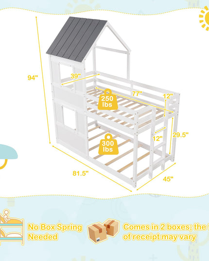 Giantex House Bunk Bed Twin Over Twin, Solid Wood Floor Bunk Bed with Built in Ladder, Window & Safety Guardrail