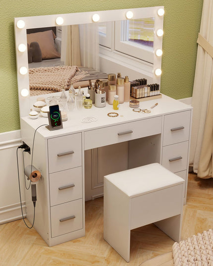 Vanity Desk with Large Mirror and Lights for Bedroom