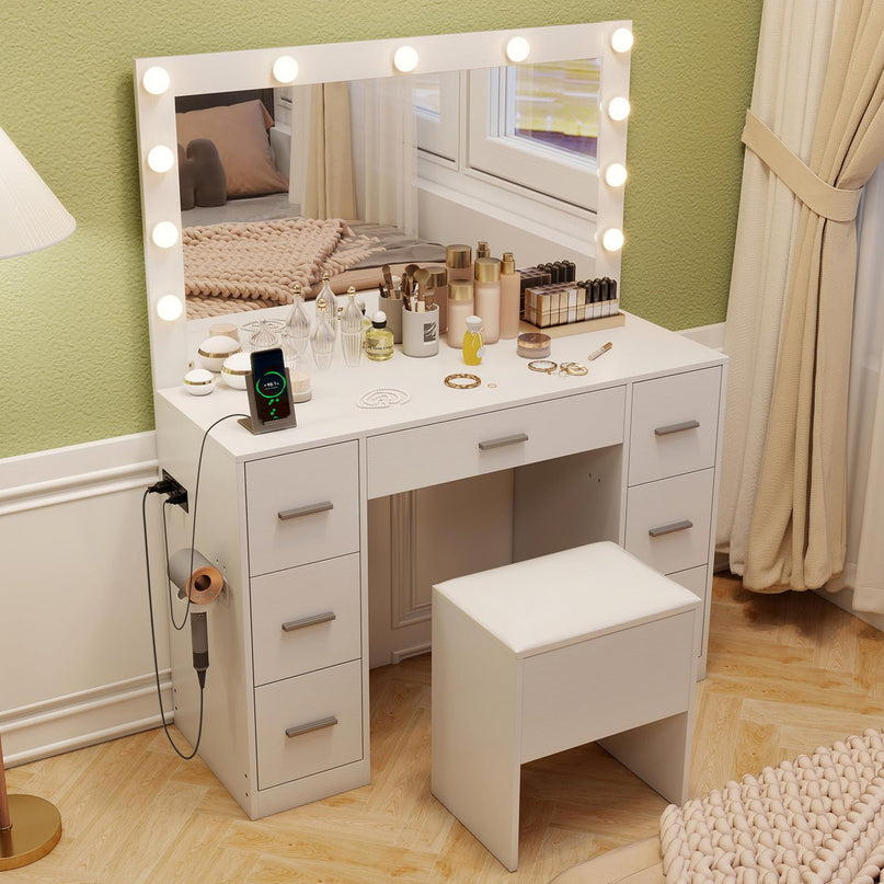 Vanity Desk with Large Mirror and Lights for Bedroom