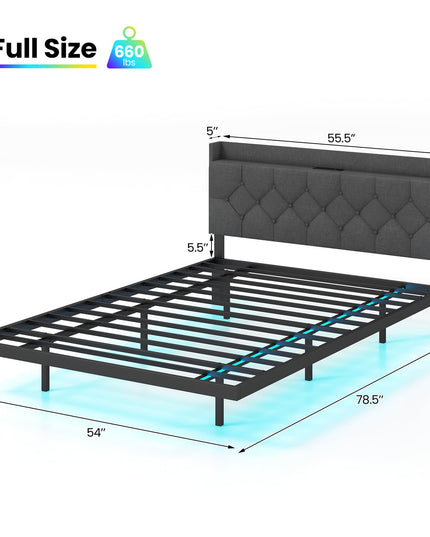 Giantex Floating Bed Frame with LED Lights, Modern Platform Bed with Adjustable Upholstered Headboard & Charging Station