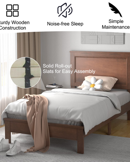Platform Bed w/ Rubber Wood Legs & Integrated Headboard | Wooden Bed Frame