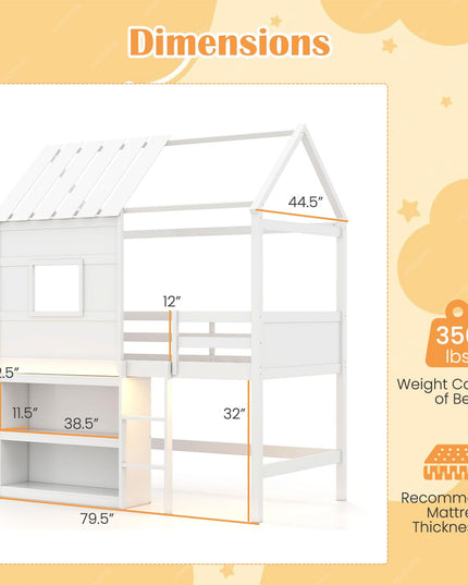 Giantex Twin Size Loft Bed with LED Lights Roof Window & Storage Bookshelf