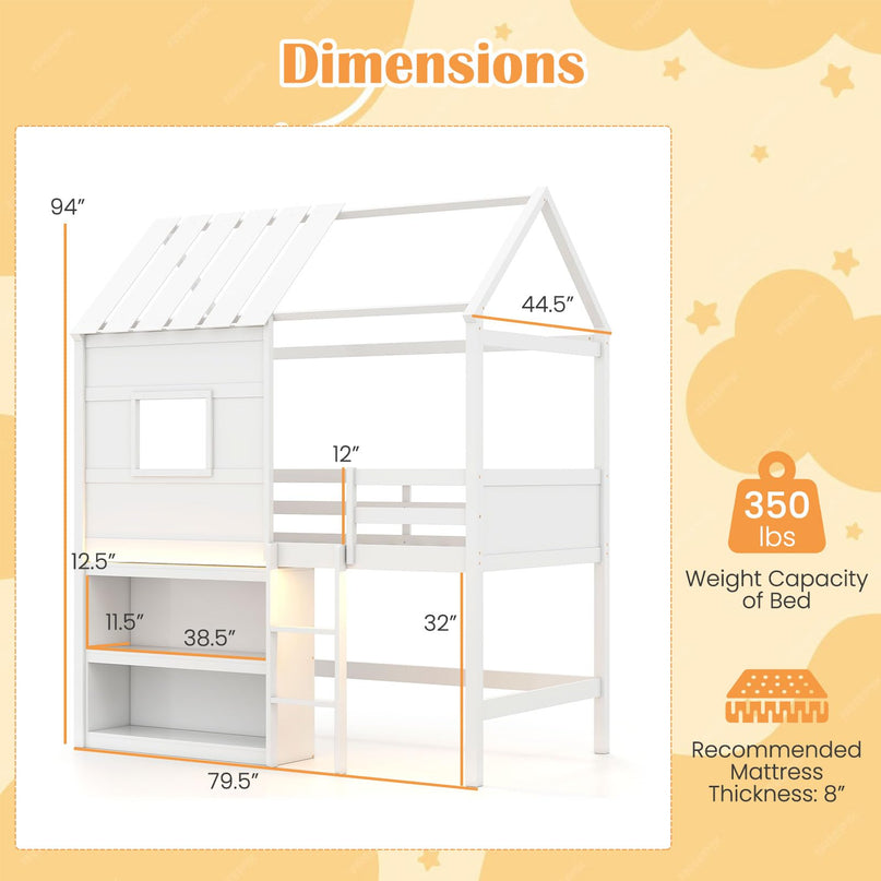 Giantex Twin Size Loft Bed with LED Lights Roof Window & Storage Bookshelf