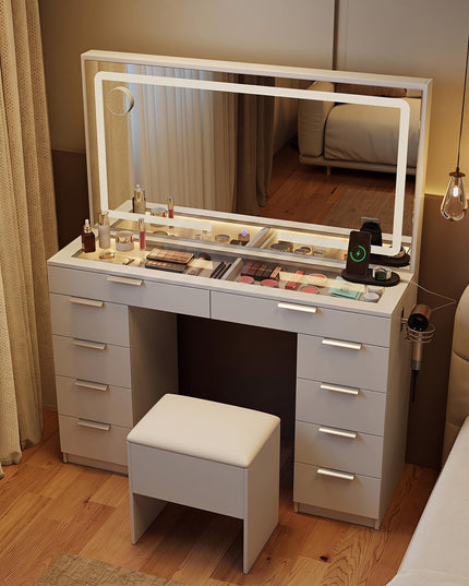 CHARMAID 56'' Vanity Desk with Lighted Mirror Glass Top Charging Station