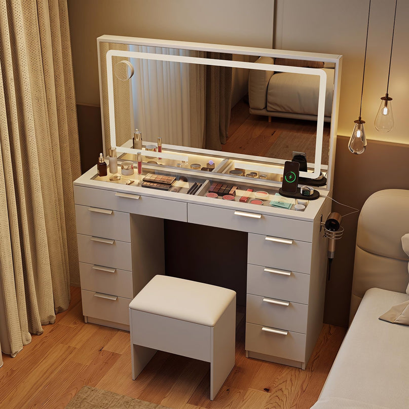 CHARMAID 56'' Vanity Desk with Lighted Mirror Glass Top Charging Station