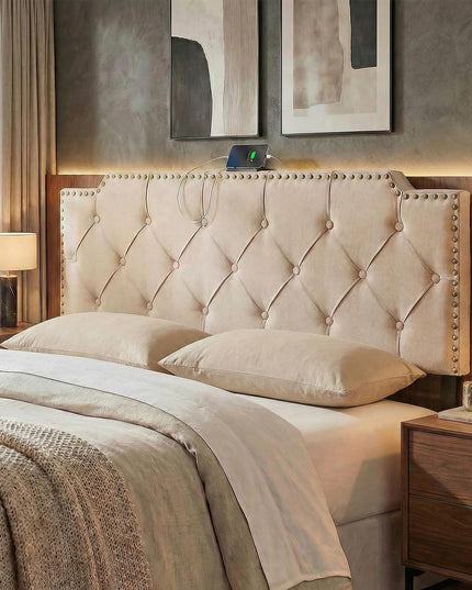 Giantex Headboard with Charging Station Queen/Full Size Rivet Tufted Upholstered（Riveted Diamond Tufting with Charging）