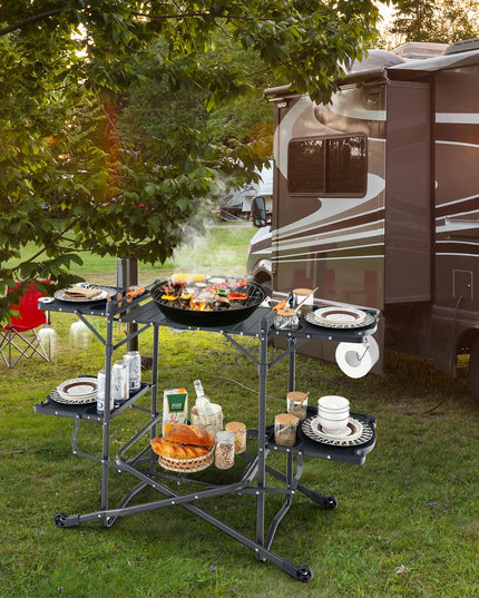 Giantex Camping Cooking Table, Folding Grill Table with Aluminum Tabletop, 4 Side Tables, Storage Rack