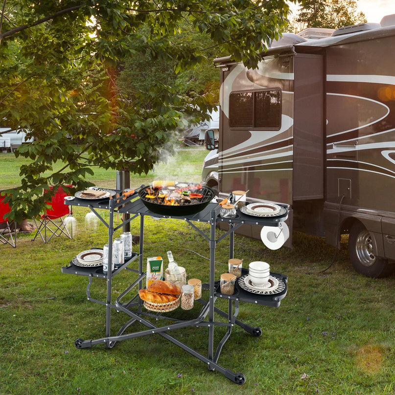 Giantex Camping Cooking Table, Folding Grill Table with Aluminum Tabletop, 4 Side Tables, Storage Rack