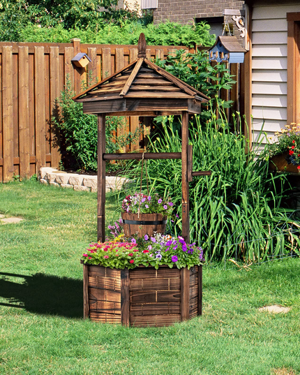 Giantex Rustic Wooden Wishing Well Planter with Hanging Bucket, Roof Shadow