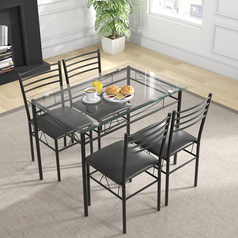 Giantex 5 Piece Dining Table Set, Kitchen Dining Set with Tempered Glass Table Top and 4 Upholstered Chairs (Black)