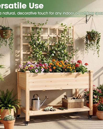 Giantex 65'' Wooden Raised Garden Bed w/Trellis on Wheels (1/2)