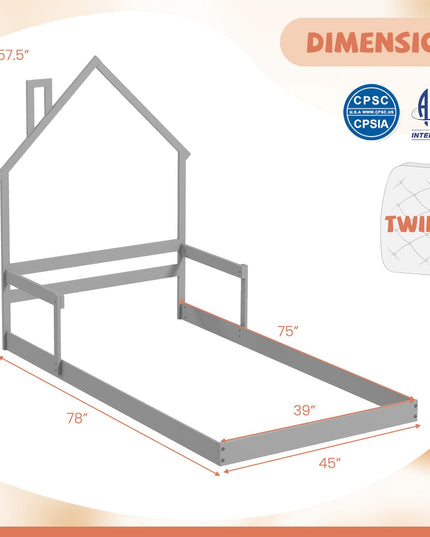 Giantex Twin Floor Bed for Kids, Wood Montessori Floor Bed with Chimney Headboard & Handrail