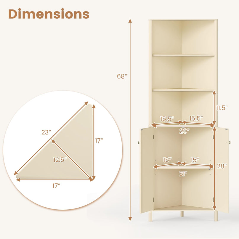 Meuble d'angle Giantex de 173 cm de haut avec 5 étagères et 2 portes cannelées pour salle de bain