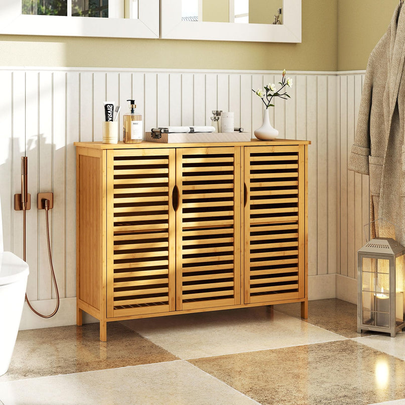 Giantex Bamboo Bathroom Storage Cabinet for Living Room Entryway Kitchen Dining Room