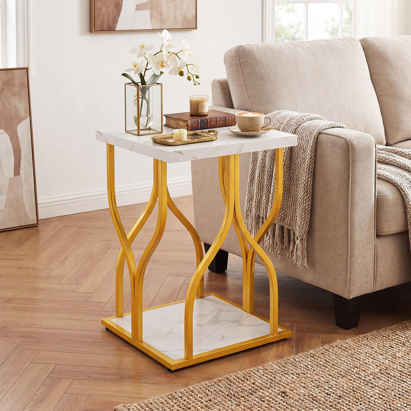 Giantex 2-Tier End Table with Storage Shelf & Gold Petal-Inspired Geometric Metal Frame