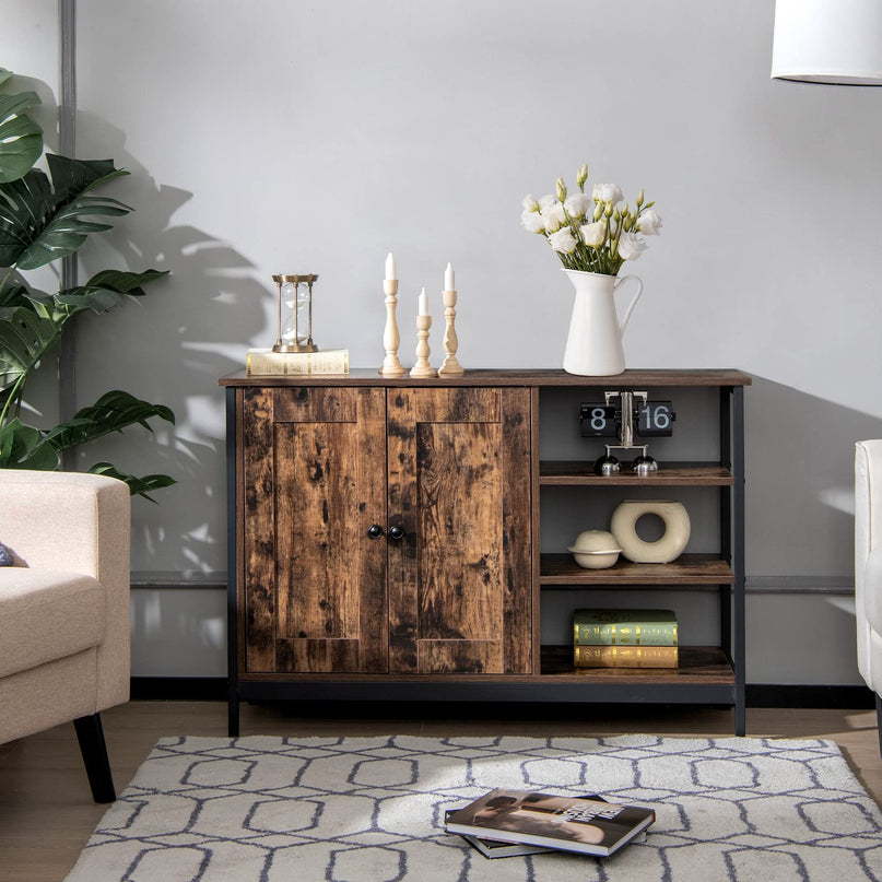 Giantex Industrial Kitchen Storage Cabinet w/Open Shelves, 2-Door Cupboard, Adjustable Shelf, Wooden Buffet Sideboard(Rustic Brown)