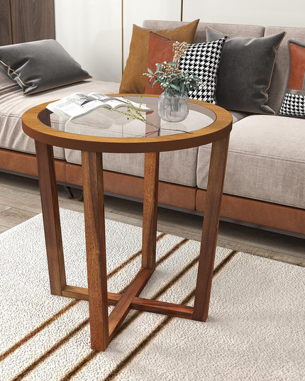 Giantex Glass Round End Table, Sofa Side Table with Transparent Tempered Glass Top