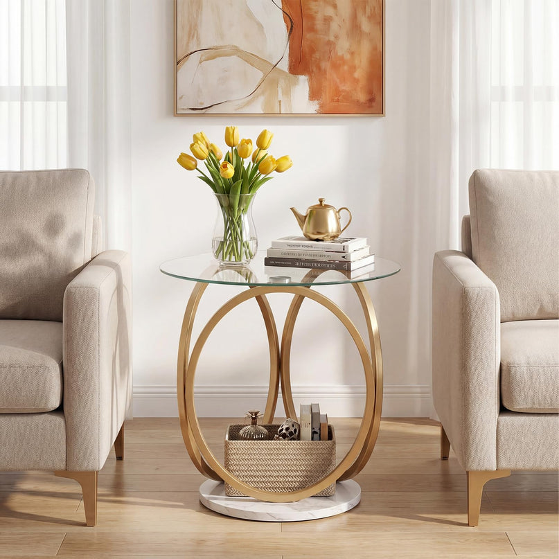 Giantex Round End Table Set of 1/2 Faux Marble Sofa Couch Side Table