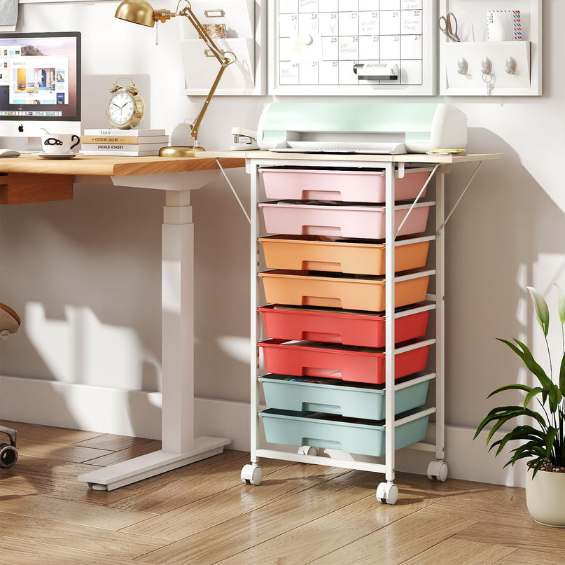 Giantex 8 Drawers Rolling Cart with Wheels Folding Wood Top