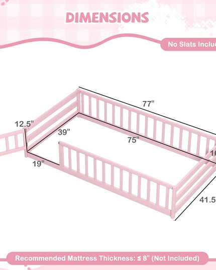 Giantex  Floor Bed with Door & Fence Kids Wood Montessori Bed