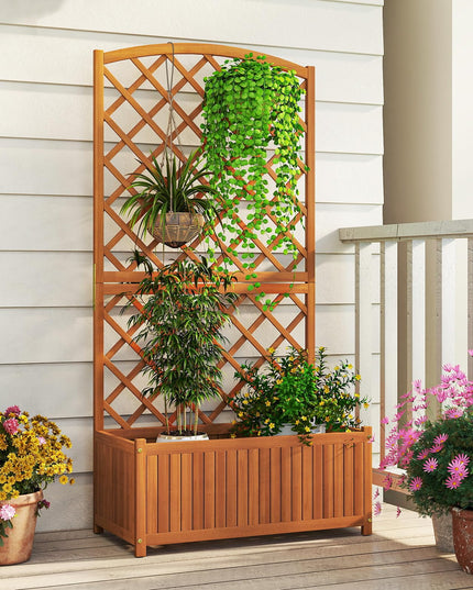 Giantex Solid Acacia Wood Planter Box with Trellis 63" Raised Garden Bed