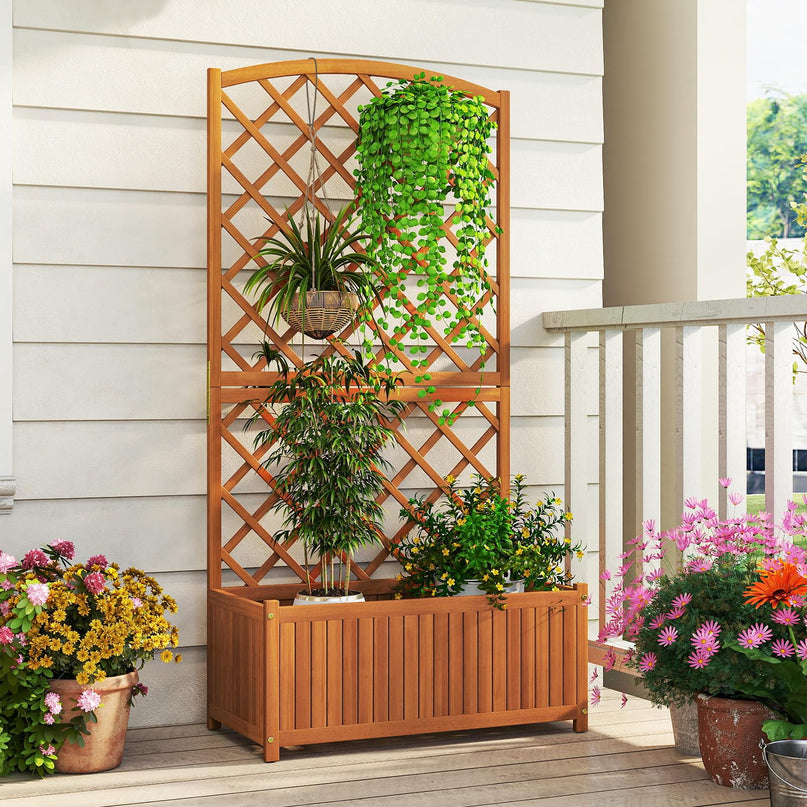 Giantex Solid Acacia Wood Planter Box with Trellis 63" Raised Garden Bed