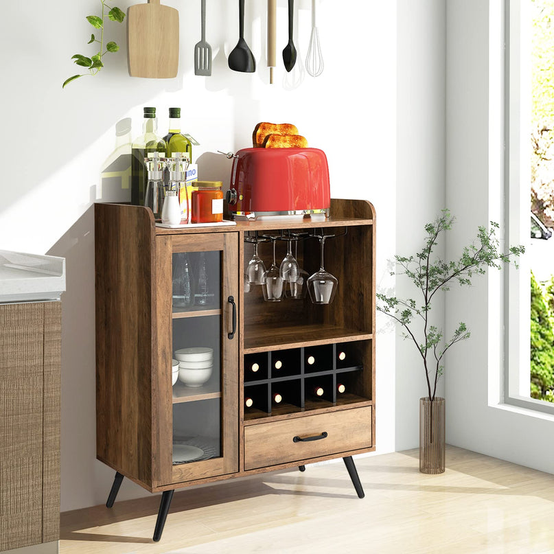 Giantex Buffet Sideboard with Drawer, Wine Cabinet for 8 Bottles, Glass Holder, 3 Tier Cupboard Tempered Glass Door (Rustic Brown & Black)