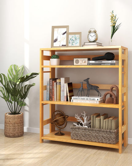 Giantex 4-Tier Bookshelf, 34.5" Floor Storage Shelf w/Rubber Wood Frame, Anti-Toppling Kits, Side Fences