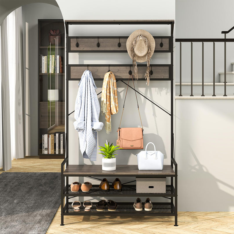 Giantex Freestanding Hall Tree with Shoe Storage Rack and 11 Hanging Hooks