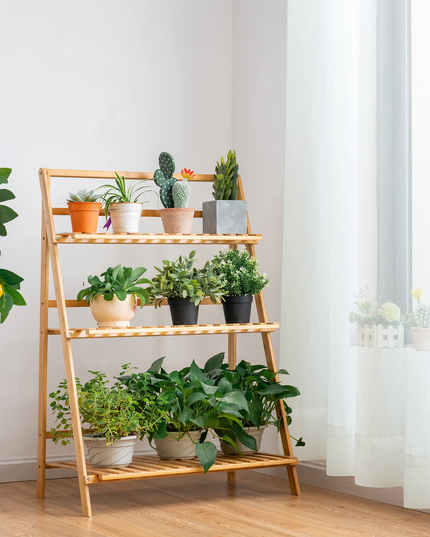 Giantex 3 Tier Folding Storage Shelf, Bamboo Ladder Plant Stand
