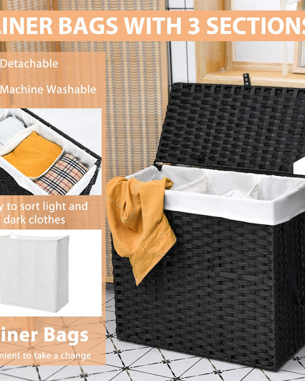 Panier à linge Giantex avec roulettes, panier à 3 sections de 125 L avec 2 sacs de doublure amovibles