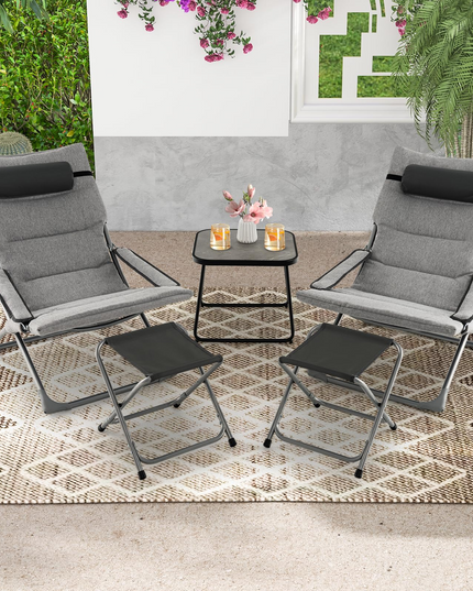 Giantex 5-Piece Patio Bistro Set, Folding Lounge Chairs with Footrest Stool & Side Table, Removable Cushion