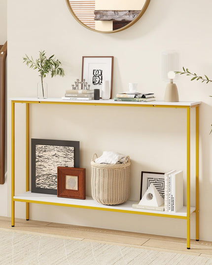 Giantex Gold Console Table with Shelf, 44" Narrow Entryway Table w/Dual Anti-Tipping Kits & Golden Metal Frame