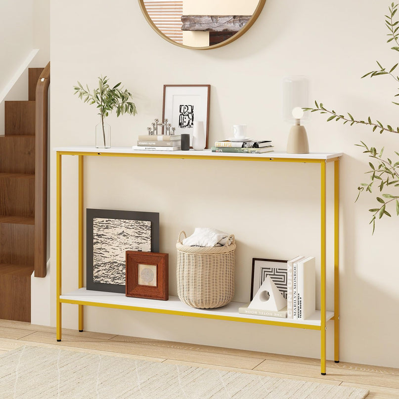 Giantex Gold Console Table with Shelf, 44" Narrow Entryway Table w/Dual Anti-Tipping Kits & Golden Metal Frame
