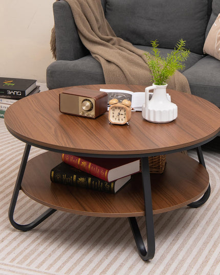 Giantex 2-Tier Round Coffee Table, 33.5" Wood Coffee Table with Open Storage Shelf