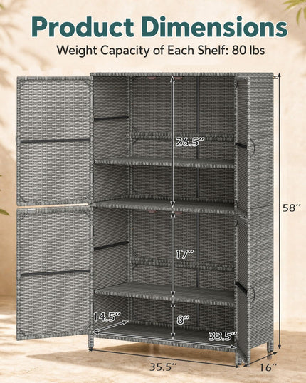 GIANTEX 4-Door PE Rattan Outdoor Storage Cabinet w/ Adjustable Shelves & Anti-Toppling Device