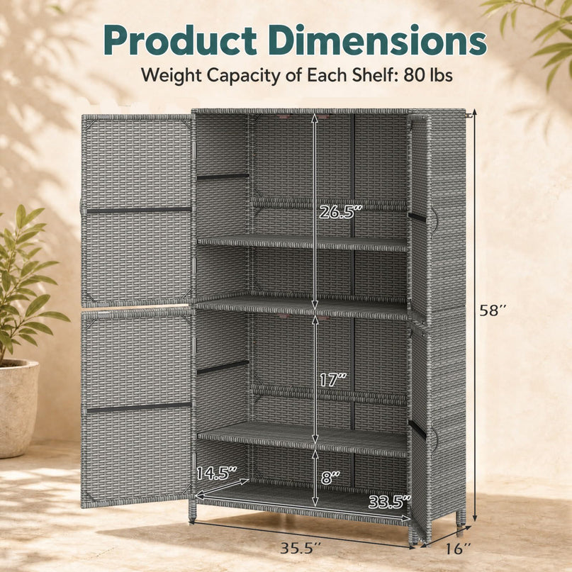 GIANTEX 4-Door PE Rattan Outdoor Storage Cabinet w/ Adjustable Shelves & Anti-Toppling Device