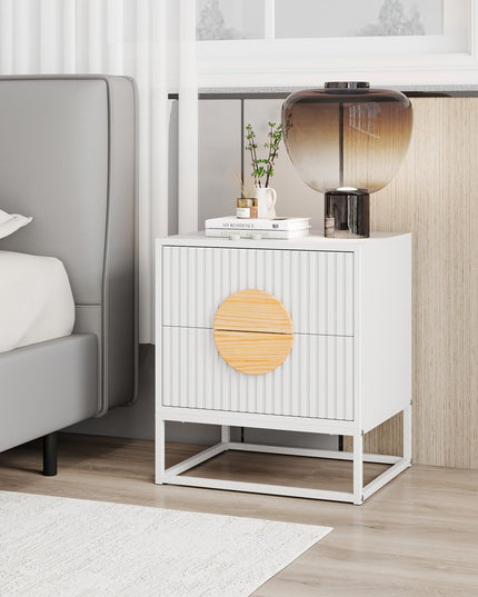 Giantex Fluted Nightstand with 2 Drawers Natural Circle Handle & Metal Frame