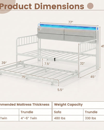 Giantex Daybed with Trundle Twin Bed Frame with LED Lights