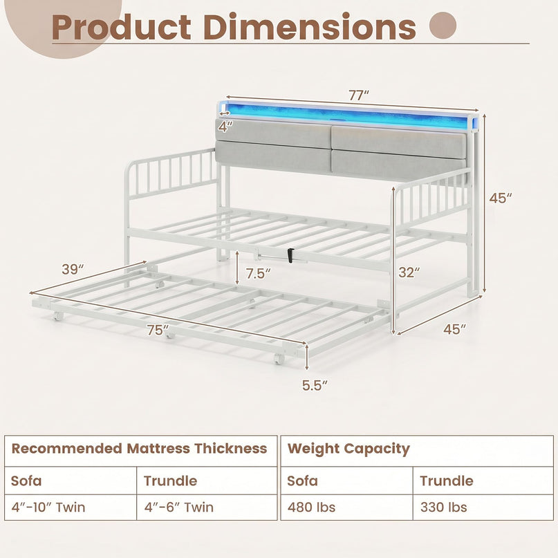 Giantex Daybed with Trundle Twin Bed Frame with LED Lights