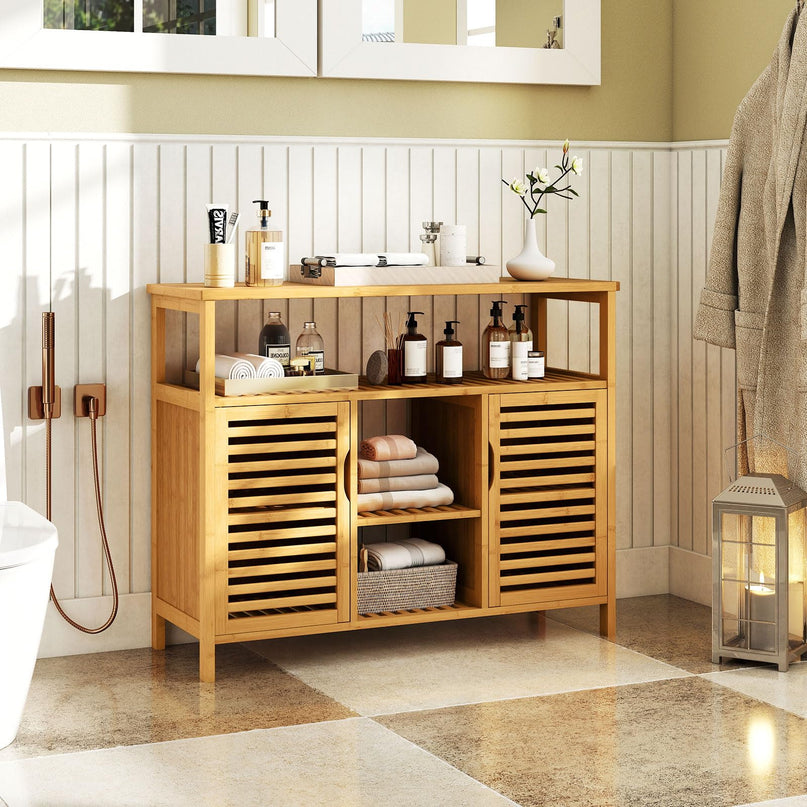 Giantex Bamboo Bathroom Storage Cabinet for Living Room Entryway Kitchen Dining Room