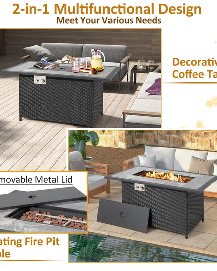 Giantex Outdoor Propane Fire Table - 52-inch Outdoor PE Rattan Propane Fire Table with Metal Lid