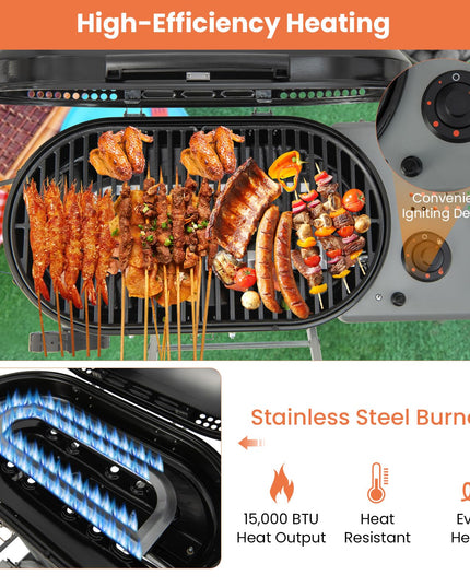 Giantex Gas Grill, Portable Propane Grill with 15,000 BTUs Burner, Side Table, 2 Wheels, Grease Tray
