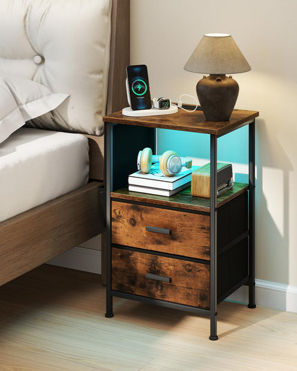 Table de chevet Giantex avec station de recharge | Table d'appoint de canapé à LED avec 2 tiroirs en tissu pliable