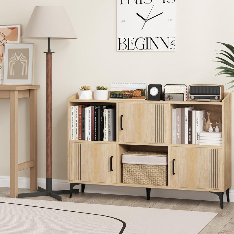 Giantex Storage Cabinet, Sideboard with 3 Doors, 3 Open Compartments, Bookcase with 5 Raised Metal Legs